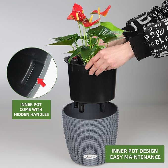 Dexceder 9x8 Self Watering Planter (Deep Gray Rattan) | Inner Pot Design, Thickened Table Flower Plant Pot with Water Level Indicator Indoor Outdoor