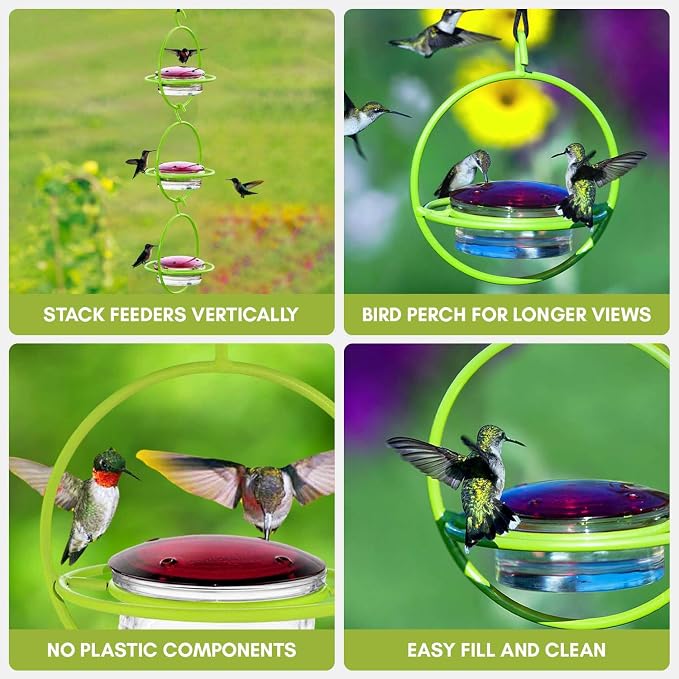 Mosaic Birds Hummingbird Feeder for Outdoors Hanging, 3.4 OZ Hummingbird Feeders, Glass Bowl with 4 Feeding Ports, Leak Proof Lid & Circular Perch, Bird Feeder (1, Lime)