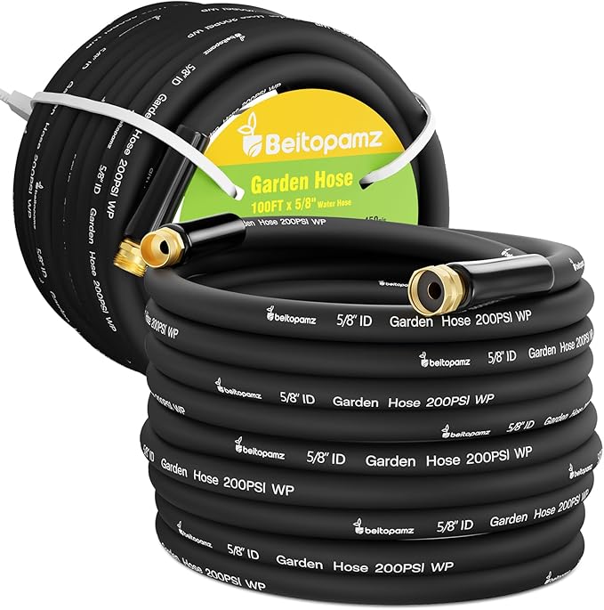 Beitopamz 200 ft Garden Hose, 5/8 in Heavy Duty Water Hose, Flexible and Durable, Lightweight Rubber Hybrid Hose, Leak-Free Connections, Male to Female 3/4'' Brass Fittings for Patio, Lawn, Black