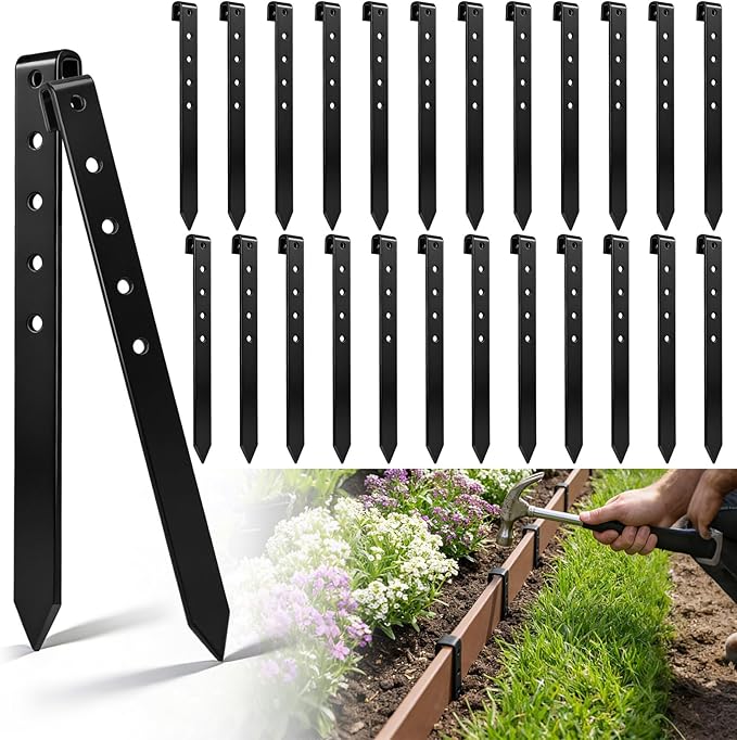Fumete 36 Pcs 10'' Metal Landscape Stakes Bulk Garden Ground Edging Spikes with Holes Heavy Duty Anchoring Spike Carbon Steel Lawn Stake for Flowerbed Edging Grass Board Barrier Yard(Black)