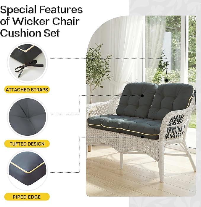1 MIDDLE ONE Wicker Chair Cushions 3 Pieces Set for Outdoor Furniture, Replacement Patio Wicker Furniture Cushions, 1Pc Loveseat Cushion & 2Pcs Chair Cushions (Grey)
