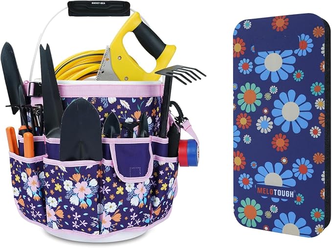 MELOTOUGH Bucket Caddy Organizer Bucket Tool Organizer for Garden Tools Fit 3.5 to 5 Gallon Bucket, Garden Kneeling Pad, 1" Thick Soft NBR Foam Kneeling Pads for Gardening, Cleaning, Work