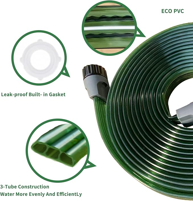 Secbulk 2026 Reinforced Sprinkler Hose & Soaker Hose for Yard - 150FT (50FT*3) Flat Garden Hose with Holes, Heavy Duty No-Kink Lawn Irrigation Hose (Includes Stakes, High Pressure Spray)
