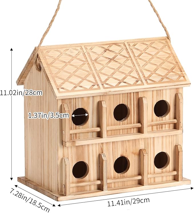Bird Houses for Outside,12 Hole Bird House Room for 12 Bird Families - Large Wooden Outdoor Birdhouse Hanging for Bluebirds Hummingbirds Garden Decor