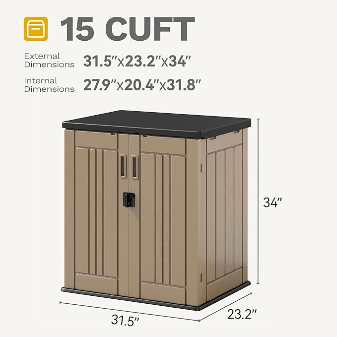DWVO Outdoor Storage Cabinet with 2 Shelves, Waterproof Horizontal Plastic Storage Shed with Lockable Door, 15 cu. ft. Patio Tools Storage Box for Patio, Garden, Backyard, Deck, Brown