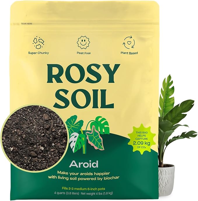 Rosy Soil Aroid Soil Potting Mix - Peat-Free, Microbially Active Biochar Powered Soil for Aroids - Superior Aeration & Drainage for Aroid Plants - Ideal for Indoor Gardening - 4 Quarts