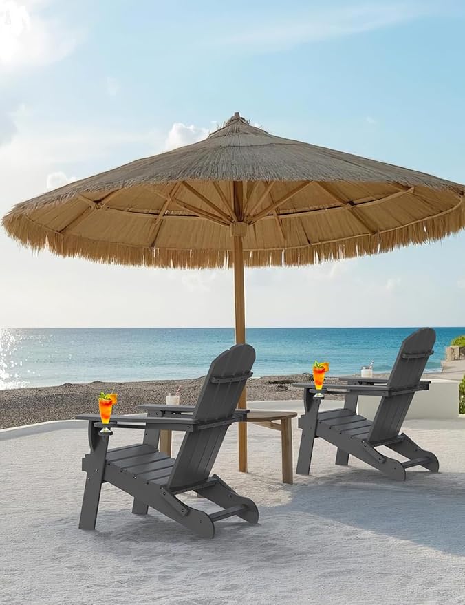Folding Adirondack Chair Set of 6, Wooden Textured Plastic Adirondack Chairs with 2 Cup Holder, Weather Resistant HDPE Fire Pit Chair, Outdoor Patio Chairs for Garden, Backyard, Lawn, Deck, Grey