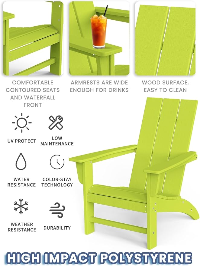 Modern Adirondack Chairs Set of 8, HDPE Plastic Patio Chairs for All Weather, Fire Pit Chair, Outdoor Lawn Chairs for Deck, Porch, Backyard, Garden, Lime