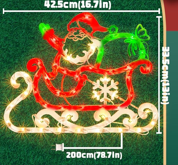 Christmas Window Silhouette Lights, Lighted Santa and Sleigh Double Sided Decorations with 50 Count Incandescent Mini Light for Holiday Indoor Wall Door Glass Decor