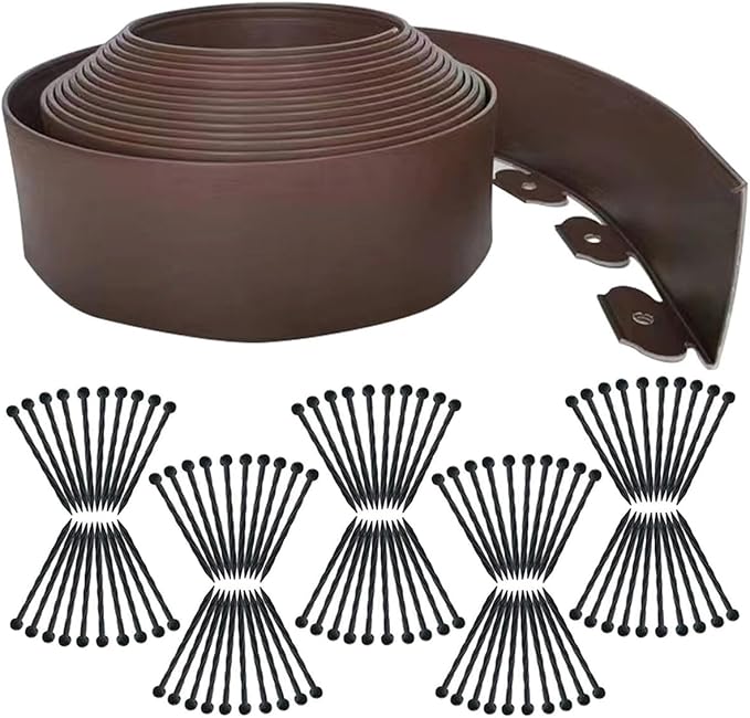 Flexible Garden Edging Borders 66FT,Landscape Edging Brown [Extra Tall 4IN High] with 100pcs Stakes,Garden Border Lawn Edging Mini Plastic Fence-Brown