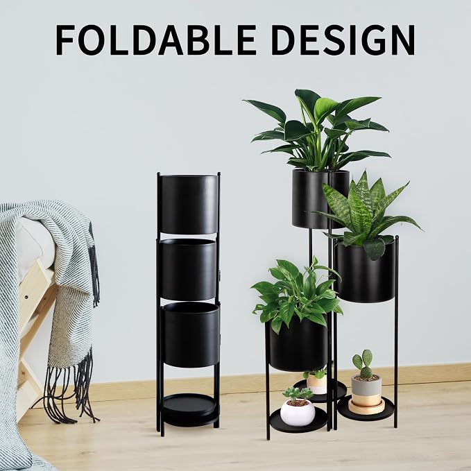 TRIROCKS 35.5'' High Metal Plant Stand 6 Tier 6 Potted Indoor Flower Pot Stand Holder Shelf Outdoor Foldable Decorative Storage Shelf Rack for Multiple Potted Plants Patio Garden Living Room Corner(Black)