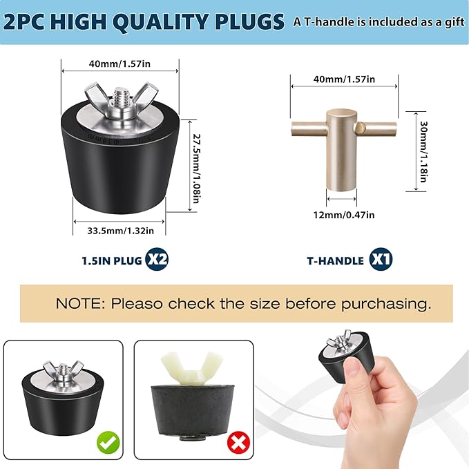2 Pack Rubber Pool Winter Plugs with One T-Handle 1.25"– 1.5" Pool Winterizing Plugs with Stainless Steel Screws Pool Return Jet Plug for Inground & Above Ground Pools