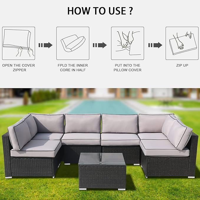 14Pcs Patio Cushion Covers Replacement Splashproof UV-Resistant Inelastic Covers with Zippers, Max Compatible 25.6x25.6x4inch Patio Cushion, for 7 Pcs Outdoor Patio Furniture Sets