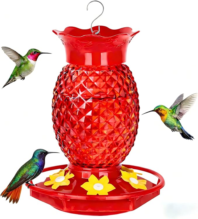 Fchstaer Glass Hummingbird Feeders for Outdoors Hanging Ant and Bee Proof 16OZ 1 Pack Red Pineapple Humming Bird Feeder with 6 Feeding Ports and Ant Moat Hummingbird Gifts for Women Garden Decor