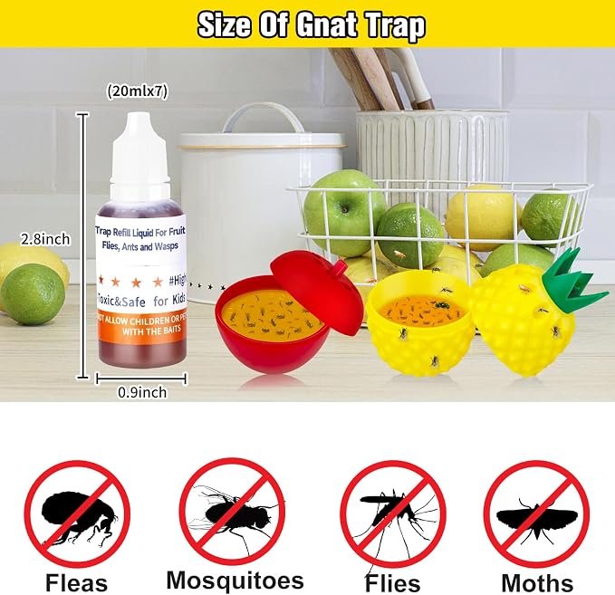 Fruit Fly Trap Refill Liquid, Effective Gnat Killer&Fruit Fly Catcher Bait Refill, Long-Lasting Fruit Scented Ants Attractant for Kitchen Bathroom Living Room Use, Safe Near Food (4 Pack)