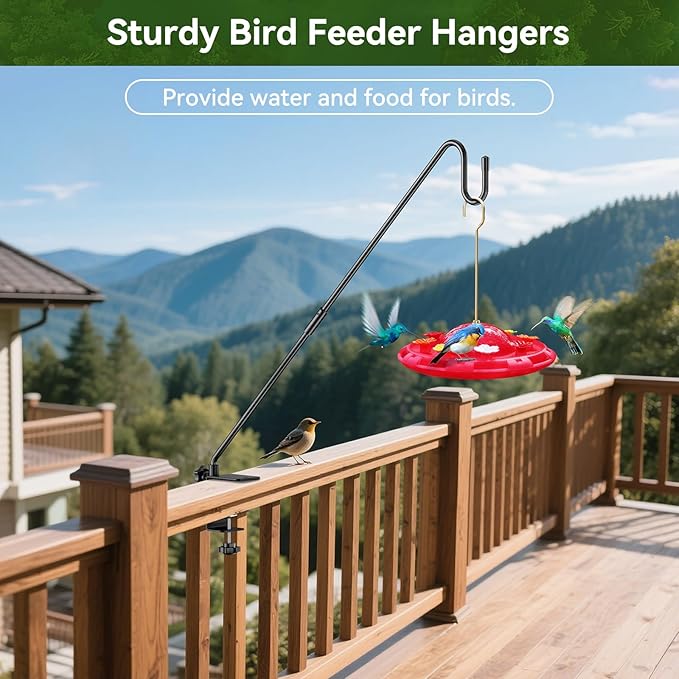 28" Adjustable Deck Railing Hook, Heavy Duty Rotating Plant Hanger | Clamp-mount for Bird Feeders, Planters, Lanterns & Wind Chimes | Fits up to 2.75" | 12 lbs Capacity | 360° Rotation