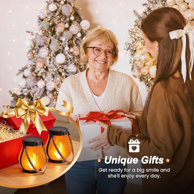 Hompavo Gen2 Solar Lanterns Outdoor with Ultra-Real Flame, Dual Charging (USB/Solar) & 2 Mode - Waterproof Decorative Hanging/Table Lights for Yard Patio Garden Birthday Mothers Day Gifts for Women, 4