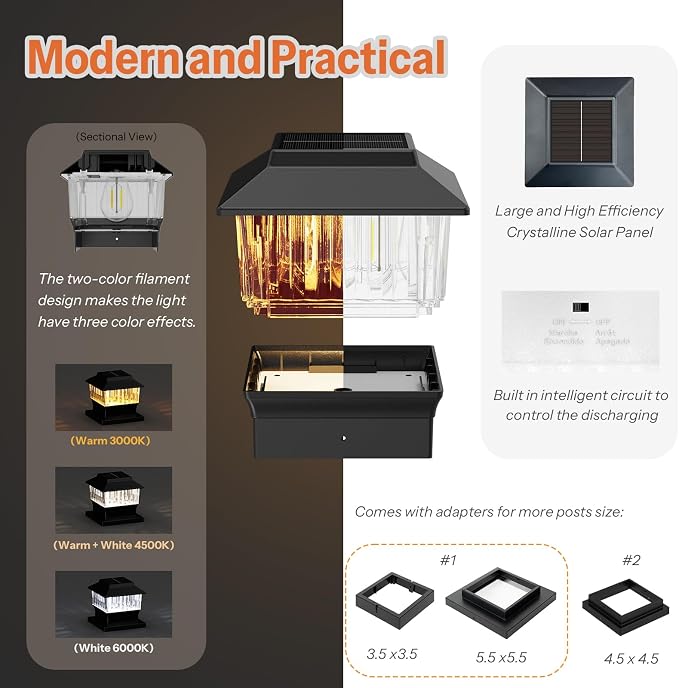 6 Pack Solar Post Cap Lights - Modern #1: Fits True 4x4 Vinyl, 4x4 & 6x6 Wood Posts, Bulk Savings, 3 Color Temp, 50 Lumen Waterproof Outdoor Lights for Deck Fence, Matte Black