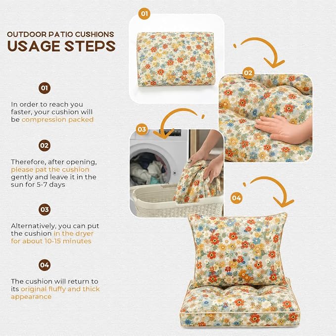 22x22 Waterproof Outdoor Chair Cushions Set of 2, Patio Cushions for Outdoor Furniture Water-Resistant & Fade-Resistant, Deep Seat & Back Cushion for Wicker Sofa (Daisy)