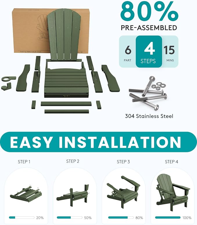 SERWALL Adirondack Chair Set of 6, Weather Resistant HIPS Lawn Chairs with Cup Holder for Patio Garden Outdoors Fire Pit- Army