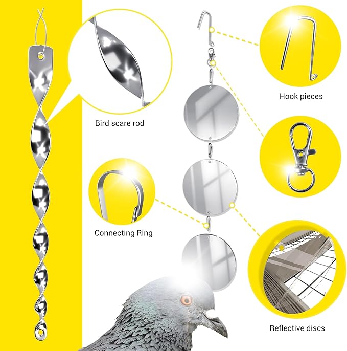 Factee Bird Scare Devices, 3.9 Inch Large 18PCS Reflective Discs Set + 6PCS Bird Scare Rods, Double-Sided Bird Reflectors Keep All Birds Away Woodpeckers Pigeons from Your House Garden Boat