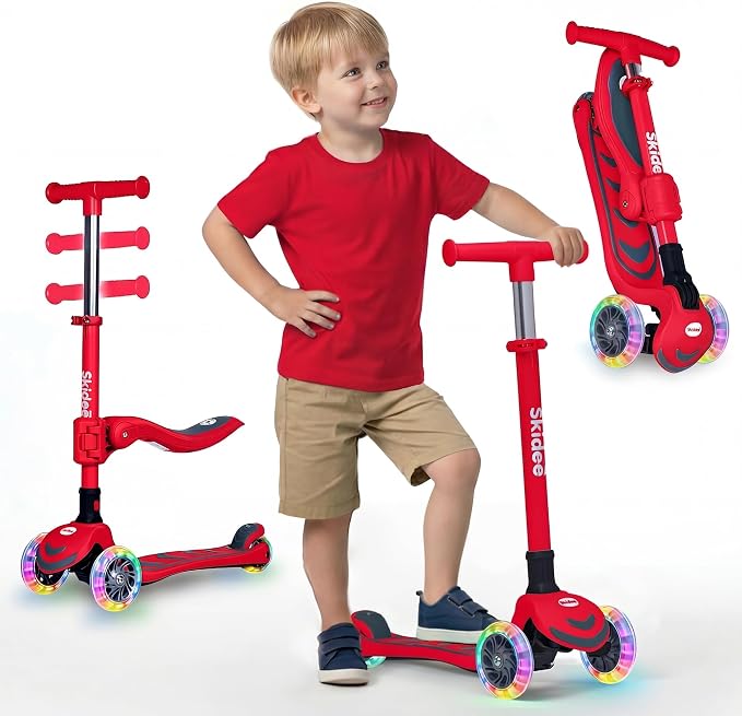 SKIDEE Kick Scooter for Kids Ages 3-5 | Foldable 3 Wheel Scooter with Lean-to-Steer, Adjustable Height, Removable Seat & LED Light Wheels | Toddler Scooter Up to 12 Year Old Boys/Girls