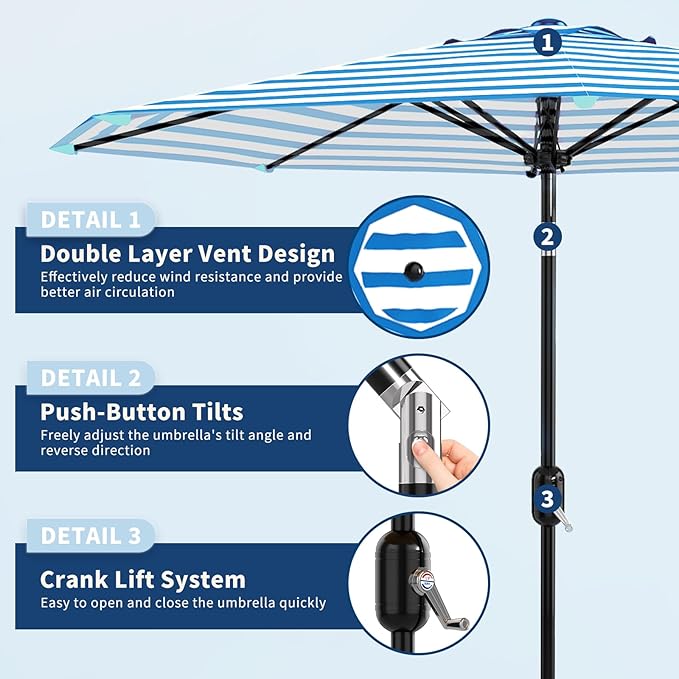 Garvee 9FT Outdoor Patio Umbrella 8 Sturdy Ribs Outdoor Table Umbrella with Crank Lift & Push Button Tilt - UV Protection Waterproof Market Umbrellas for Pool Deck Yard Garden, Blue & White Stripes