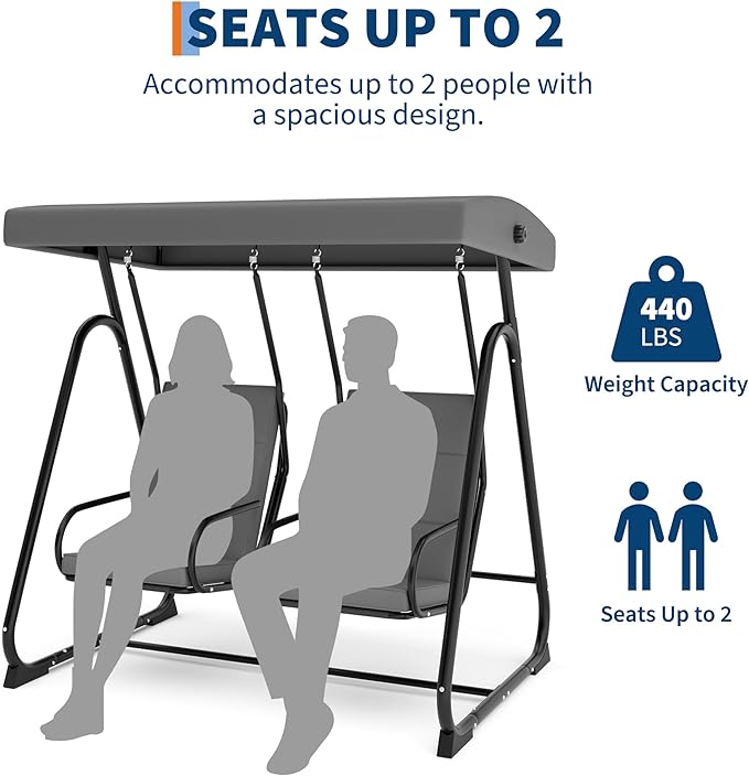 GarveeLife 2 Person Porch Swing Chair, Heavy Duty Outdoor Patio Swing Glider with Adjustable Canopy & Removable Cushions, Independent Swing Chairs for Garden, Balcony, Poolside, Backyard, Dark Grey