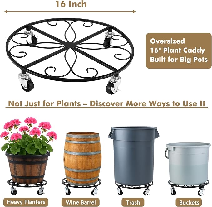 6 Pack Plant Caddy with Wheels 16 Inch Rolling Plant Stand for Large Plants Heavy Duty Plant Rollers Metal Plant Dolly Rustproof Planter Stand Wrought Iron Plant Stands Flower Cart Indoor Outdoor