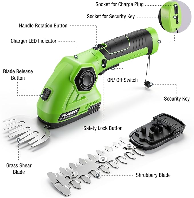 WORKPRO Cordless Grass Shear & Shrubbery Trimmer - 2 in 1 Handheld Hedge Trimmer 7.2V Electric Grass Cutter 2.0Ah Rechargeable Lithium-Ion Battery and USB Cable Included