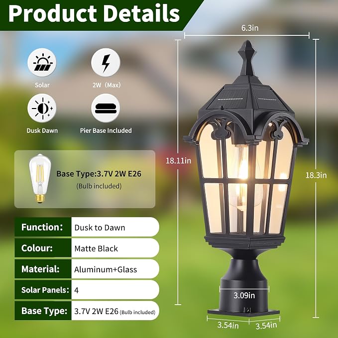Solar Post Lights Outdoor with Bulb Dusk to Dawn Lamp Posts Outdoor Lighting Waterproof Solar Post Lamp Anti-Rust Exterior Pole Light Outside Pole Lighting for Yard Pathway Driveway Fence -2 Pack