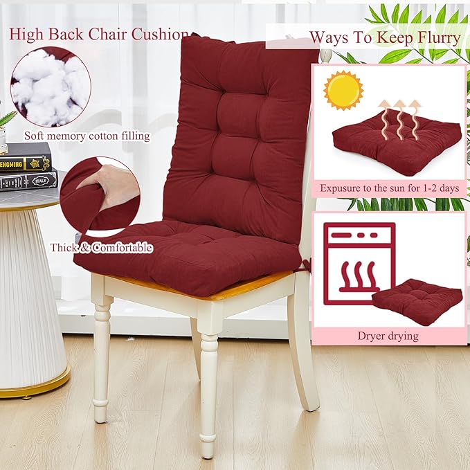 Juexica 4 Sets Outdoor Patio Chair Cushions Seat High Back Tufted Pillow Replacement Rocking Chair Cushions Pads for Patio Summer Seasonal Indoor Home Office (Ruby Red)