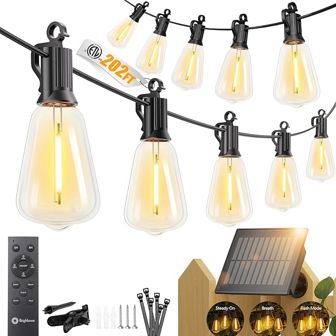 Brightown 202FT Solar String Lights Outdoor Waterproof, Patio Lights with Remote and 65+2 LED Shatterproof Bulbs, Dimmable & Timable, 3 Light Modes, Solar Lights Outdoor for Yard Camping Party Outside