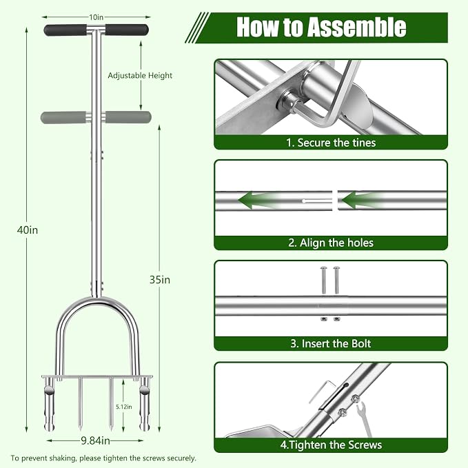 Bigwish Manual Lawn Core Aerator Tool with 2 Hollow Tines & 2 Spikes, Adjustable Semi-Assembled Plug Aerator, Stainless Steel Grass Aerator for Lawn Care, Garden & Yard, Relieves Compacted Soil