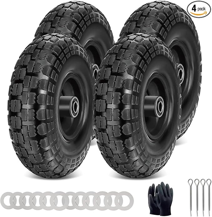 10 Inch Soild Dolly Tire Wheels 5/8" Axle,4.10/3.50-4 Tire and Dolly Wheel Flat Free for Hand Truck,Wheelbarrow Garden Cart, Wagon,Lawn Mower and Gorilla Cart Tires(4 Packs,Black)
