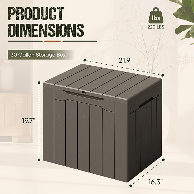 Flamaker Deck Box 30 Gallon, Waterproof Resin Small Storage Box with Lid, Outdoor Patio Furniture Cushion Garden Tool Organizer, Lockable Package Delivery Box for Porch Balcony (Deep Brown)