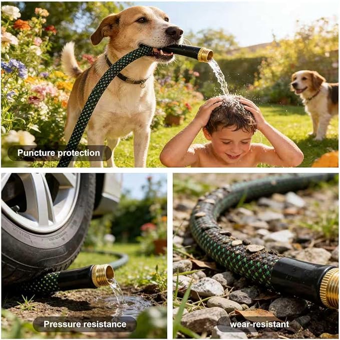 100ft Lightweight Non-Expandable Garden Hose with 10-Pattern Nozzle - Anti-Kink, Durable Triple-Layer Construction, Flexible All-Weather Hose for Watering, Car Wash, Pet Bathing