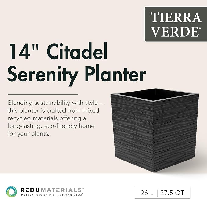 Tierra Verde Indoor & Outdoor Self-Watering Square Planter, Citadel Serenity, 14”, Black - Planting Containers for Plants and Flowers - Gardening and Landscaping Accessories