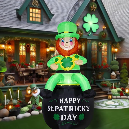 6 FT St. Patrick's Day Inflatable Leprechaun, Blow up Leprechaun Sits on Cornucopia Outdoor Decoration with LED Lights, for Yard Garden Lawn Front Door Holiday Decor (6FT Leprechaun on Cornucopia)
