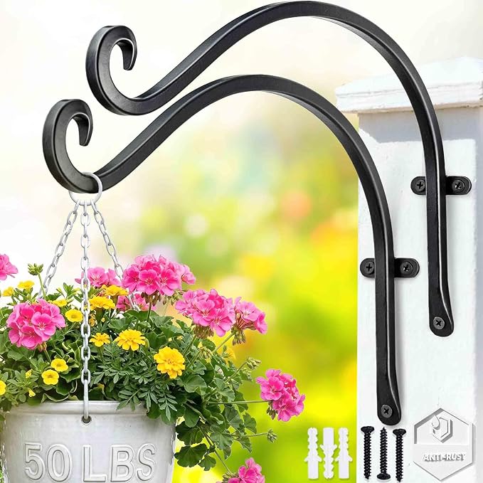 Qiang Ni Outdoor Bird Feeder Hanger Hooks: 12-Inch 50Lbs Wall Hanging Plant Bracket Indoor - 2 Pieces Plant Hooks for Hanging Flower Baskets