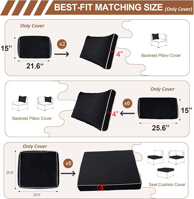 14 Piece Outdoor Patio Cushion Covers Replacement, Waterproof Outdoor Furniture Cushion Covers, Fit 7 Pcs 6 Seater Wicker Rattan Conversation Sofa Set, Black+White Piping(Only Cover) 25.6x25.6"