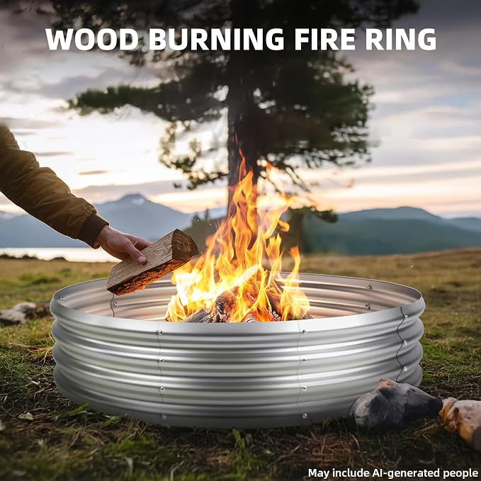 48 Inch Fire Pit Ring for Outside, 4FT Diameter Wood Burning Fire Ring, Large Round Galvanized Steel Fire Pit, Metal Outdoor Fireplace for Backyard, Patio, Camping, Bonfire (Silver)
