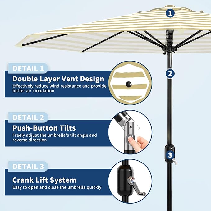 Garvee 10 ft Outdoor Patio Umbrella 8 Sturdy Ribs Outdoor Table Umbrella with Crank Lift & Push Button Tilt UV Protection Waterproof Market Umbrellas for Pool Deck Yard Garden Tan & White Stripes