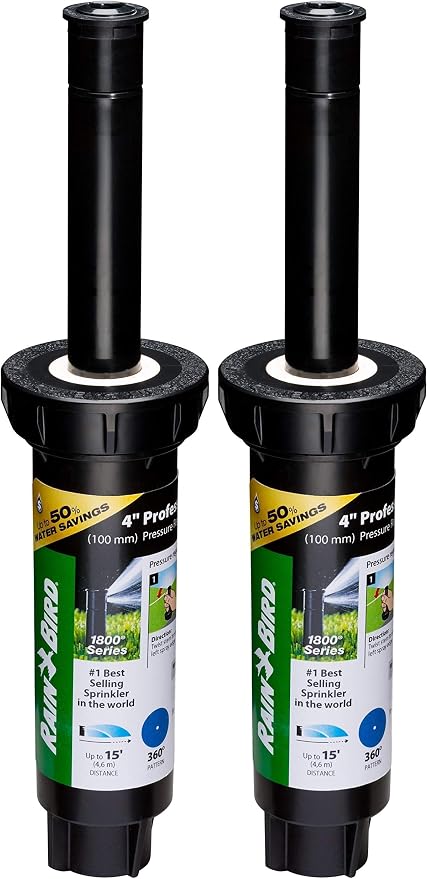 Rain Bird 1804FDSP25 Pressure Regulating (PRS) Professional Dual Spray Pop-Up Sprinkler, 360° Full Circle Pattern, 8' - 15' Spray Distance, 4" Pop-up Height (Pack of 2)