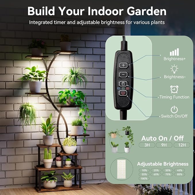 Plant Stand Indoor with Grow Lights 9 Tiered Wood Indoor Plant Shelf 62" Tall Plant Stand Metal Frame for Indoor Plants Multiple Flower Pot Holder, Large Plant Rack for Living Room Patio Corner