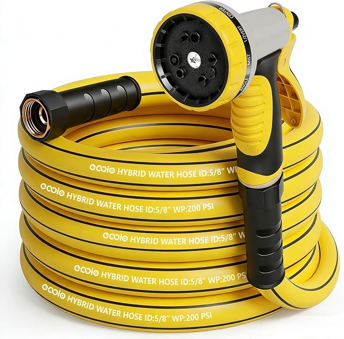 Heavy Duty Garden Hose 25 ft, NON-EXPANDABLE Water Hose with 10 Function Spray Nozzle, Lightweight Kink-less Hybrid Hose with Swivel Handle, Male to Female Fittings (Yellow, 25FT)