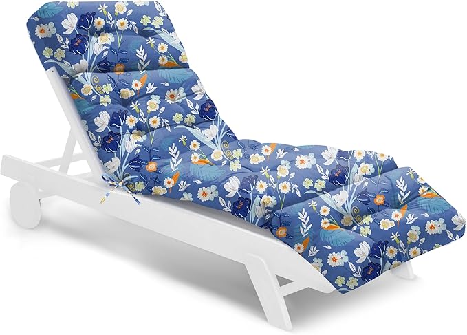 Waterproof Outdoor Chaise Lounge Chair Cushion 74.4 x 22 x 4.7 Inches Memory Foam Lounge Chair Cushions for Outdoor Furniture with Ties, Thickened Pool Lounge Chair Cushion, Blue Floral