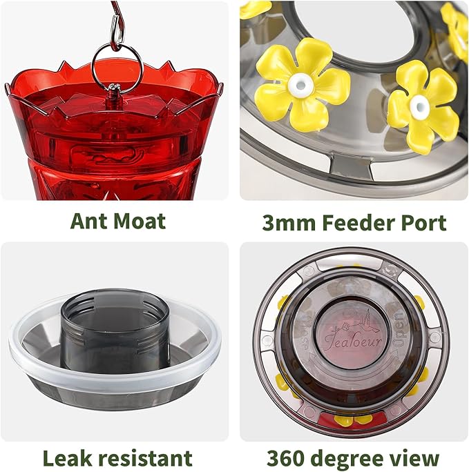 Jealoeur Hummingbird Feeder for Outdoors Hanging, 18 OZ Humming Birds Feeders with 6 Bee Guard Feeding Ports & Built-in Ant Moat, Easy to Clean, Durable Outdoor Garden Decor (Red 2 Pack)