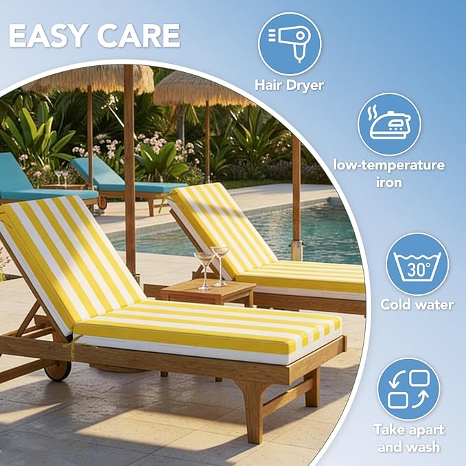 L'AGRATY Outdoor Lounge Chaise Cushion: 72x21x3 Inch Waterproof Lounge Chair Cushion for Outdoor Furniture with Fade Resistant Removable Cover - Patio Cushions for Pool Lawn Deck(Yellow White 1Pack)