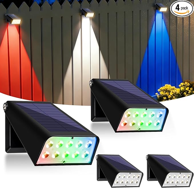 Father's Day Decor Light Gift Solar Fence Lights, 4th of July Outdoor Red Blue White Solar Light Decor Waterproof, Up to 30 Hours Dusk to Dawn Solar Powered Deck Lights for Patio Yard Garden